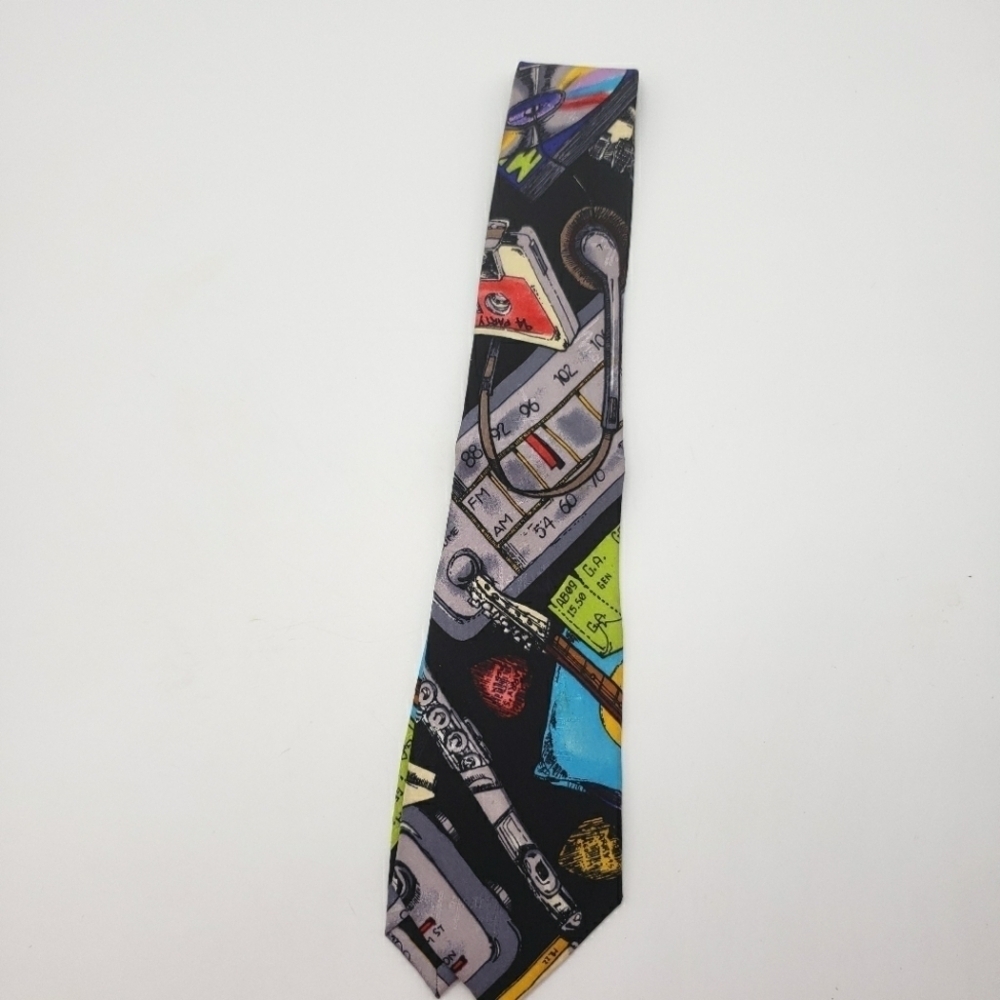 Vintage Nicole Miller tie Men OS black multicolor 1994 music print silk handmade